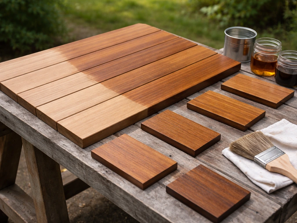 Outdoor wood finishing setup with small test boards showing penetrating oils versus sealers