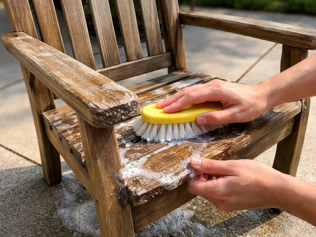Wooden patio chair being cleaned with a soft brush and outdoor wood cleaner, suds visible
