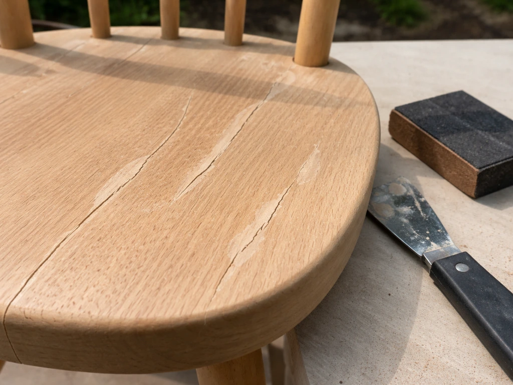 Wood chair in close-up with exterior filler applied to small cracks, ready for sanding before refinishing.
