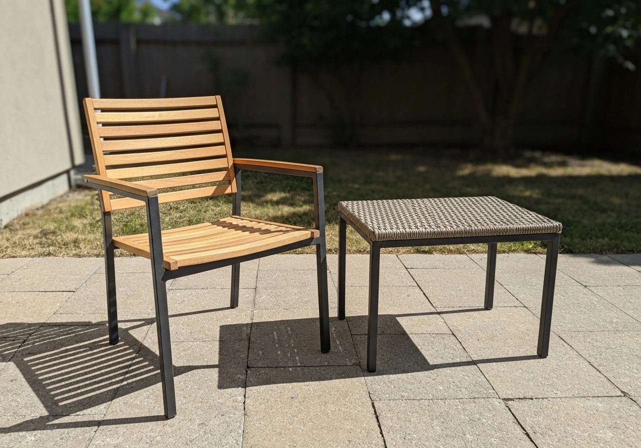 Patio furniture set with wood frame, metal accents, and woven sling surfaces in a simple outdoor setting.