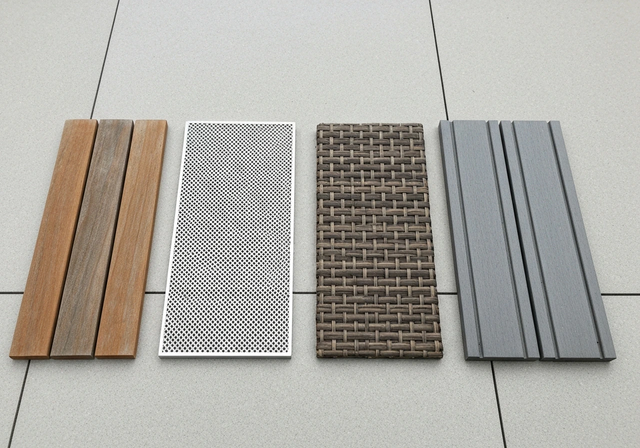 Side-by-side patio furniture material samples showing wood, metal, wicker, and composite textures.