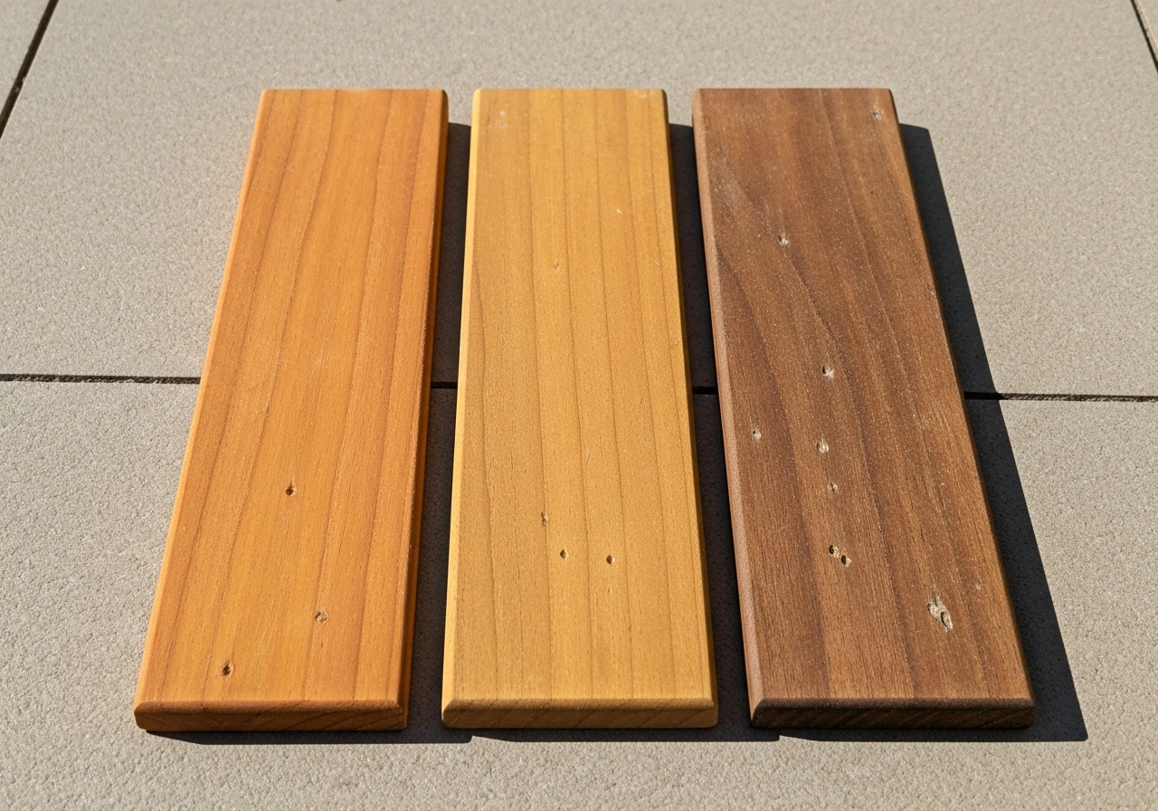 Three side-by-side wood samples showing teak, eucalyptus, and acacia grain and color differences.