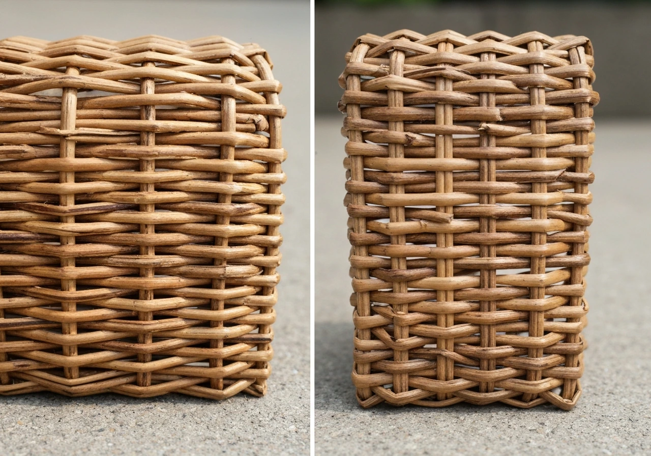 Side-by-side close-up of natural rattan wicker vs synthetic resin weave, showing distinct fiber texture differences.