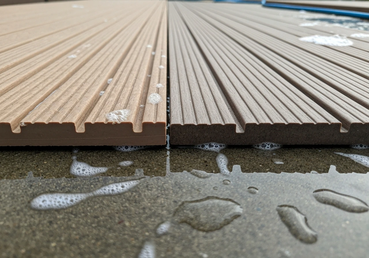Close-up of HDPE/poly lumber with molded grain texture and a neighboring composite plastic strip