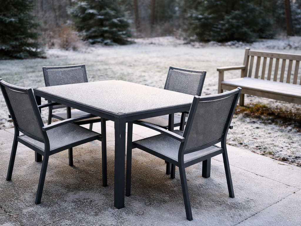 Winter patio with powder-coated aluminum and teak furniture covered in frost and light snow in the background.