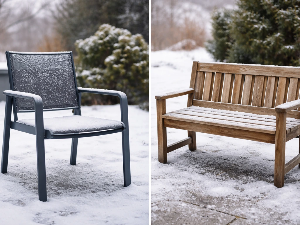 Powder-coated aluminum patio chair and uncovered teak bench outdoors in winter cold weather side by side.