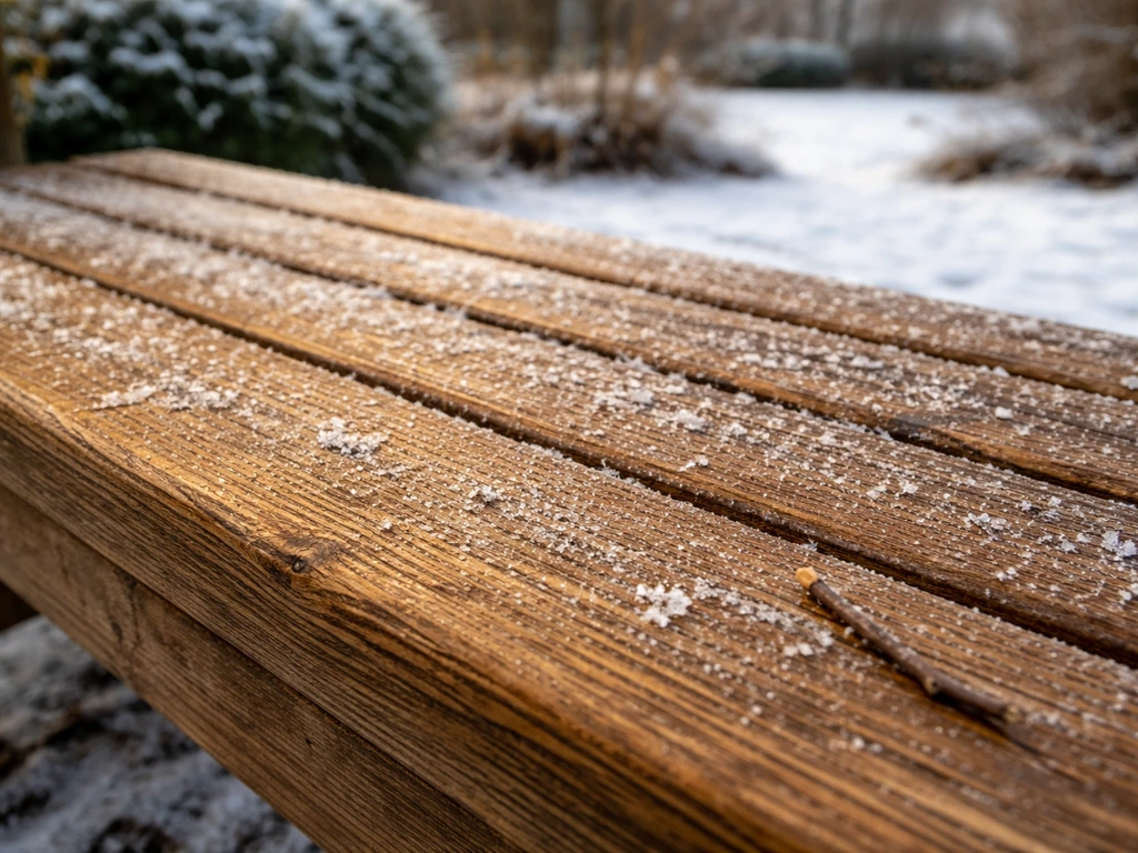 Close-up of teak outdoor wood with frost and snow grains, showing natural oil sheen in winter.