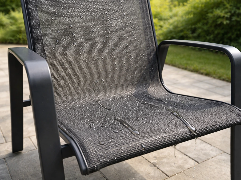 Outdoor sling chair with PVC-coated mesh fabric and visible water beads draining off.