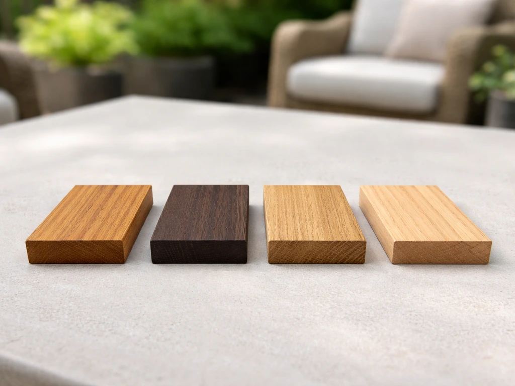 Four wood planks on a tabletop—teak, ipe, white oak, and cedar—showing distinct grain and color.