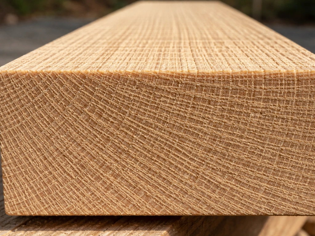 Close-up of white oak end grain on a wood board, showing tight pores and annual rings for outdoor sealing.