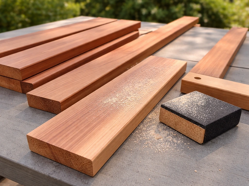 Outdoor close-up of western red cedar wood slats with visible grain and sanding prep