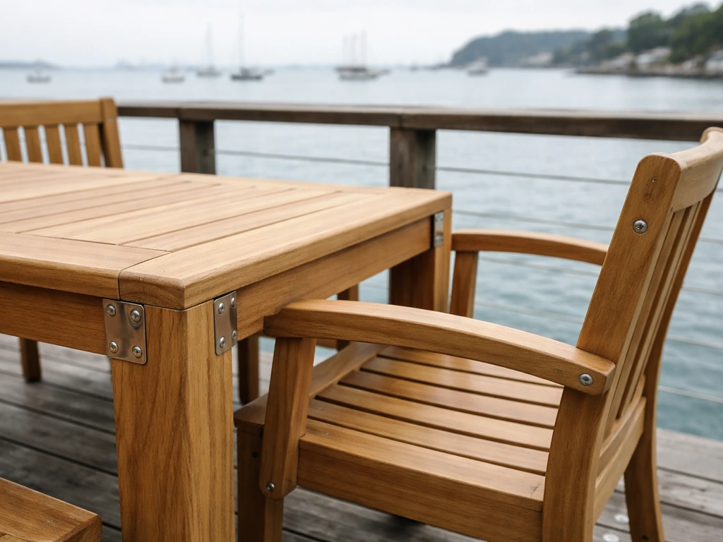 Teak patio furniture with stainless hardware near a coastal railing and harbor backdrop, showing salt-air suitability.