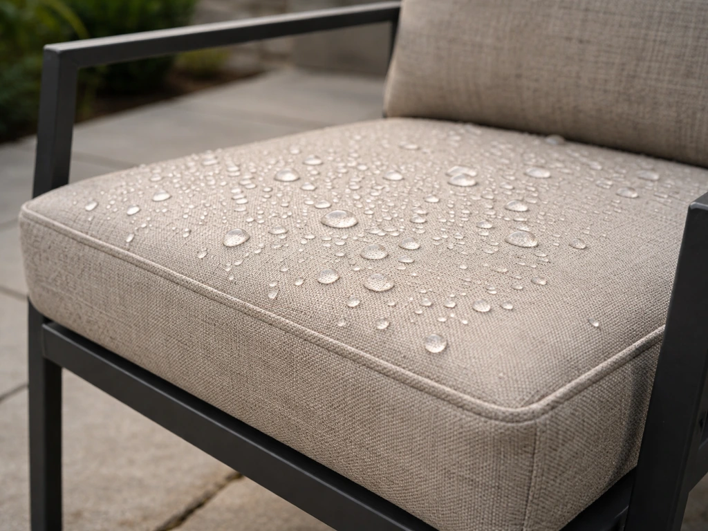 Outdoor patio cushion with water beading on the fabric surface, showing a waterproof-like cover.
