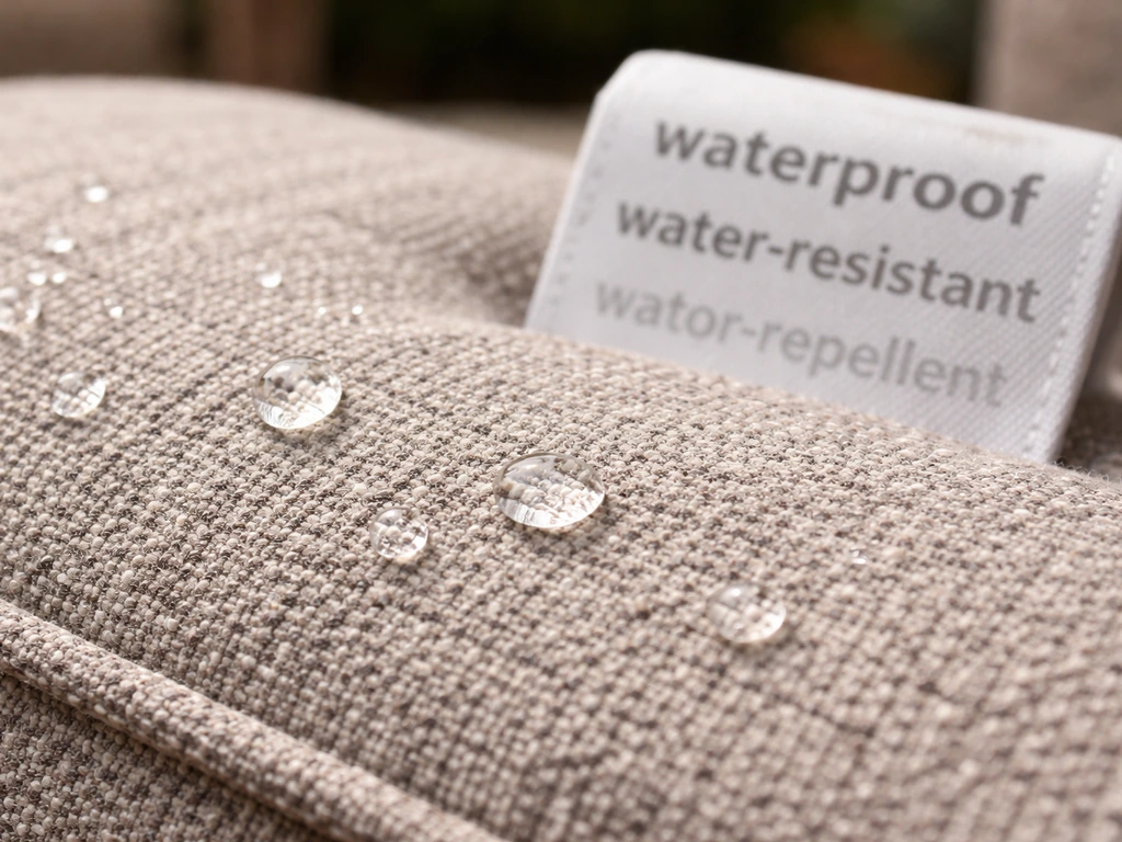 Close-up of outdoor cushion fabric with a care label showing waterproof vs water-resistant wording; droplets beading.