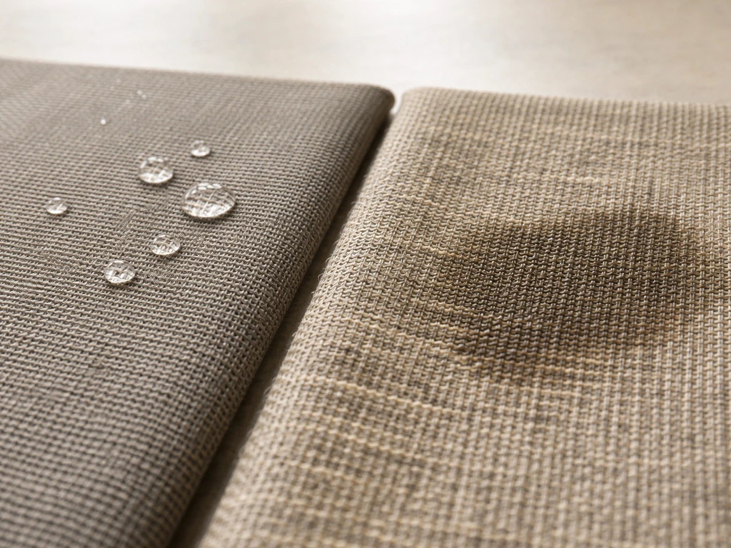 Close-up of two outdoor fabrics: tightly woven/coated on the left, more porous weave on the right