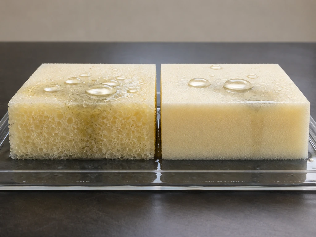 Minimal close-up showing open-cell foam vs dense foam with water held and absorbed.