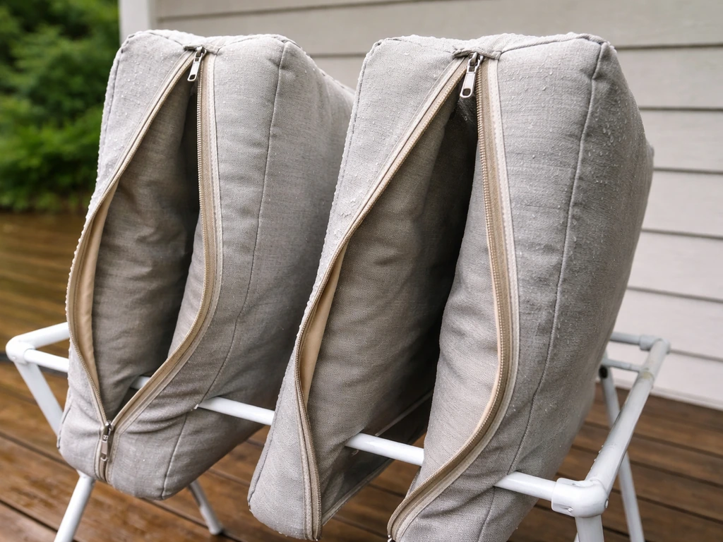 Outdoor patio cushions opened at the zipper and stood upright to dry after rain.