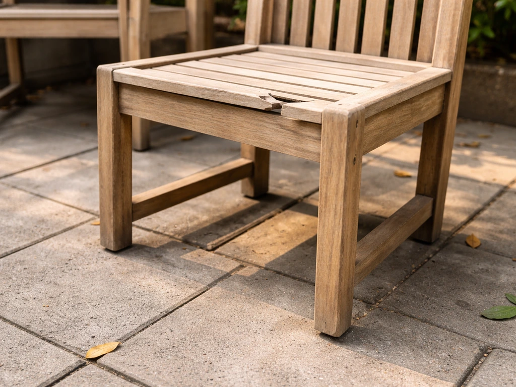 Broken patio furniture showing a wobbly leg and cracked wood slat on a quiet patio.