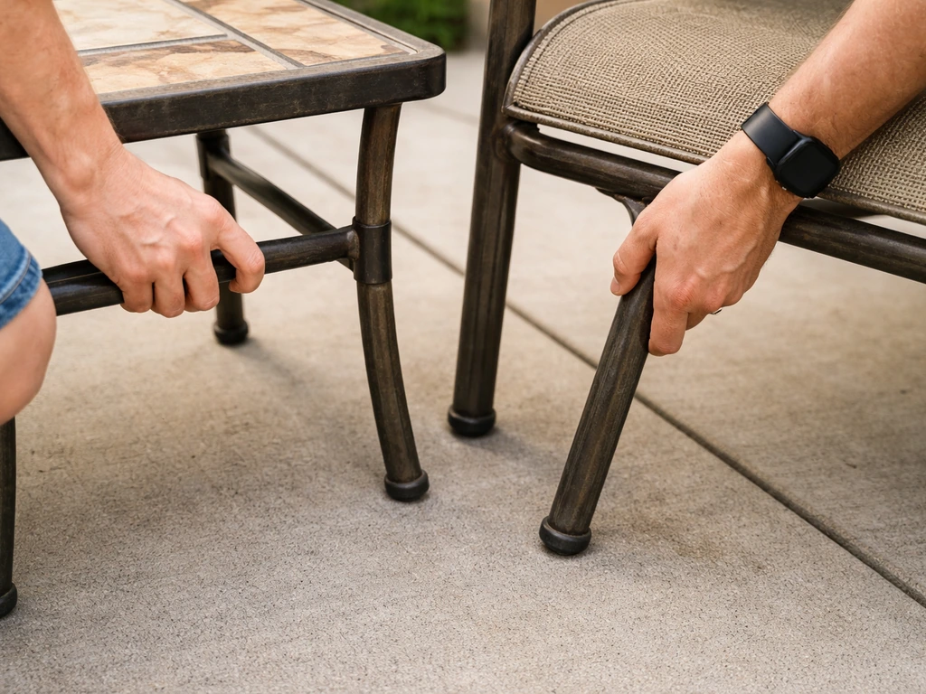 Close-up of hands checking a patio chair and table legs for looseness and rocking.