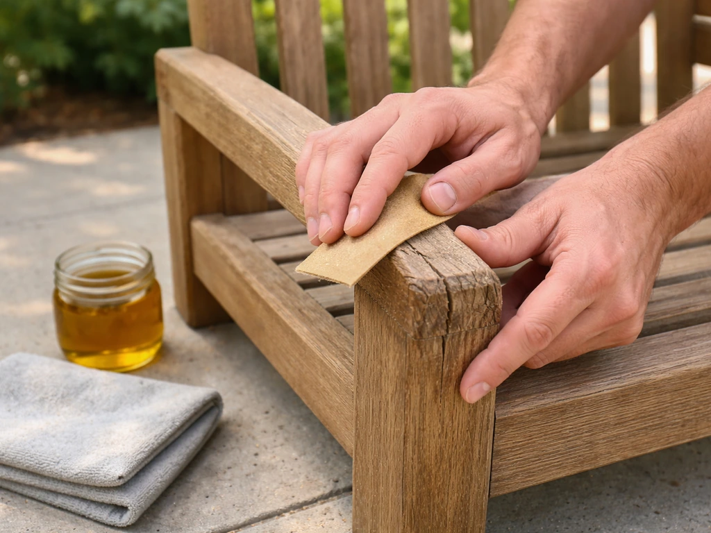 Hands sanding a cracked wooden patio chair part, with teak oil and cloth nearby outdoors.