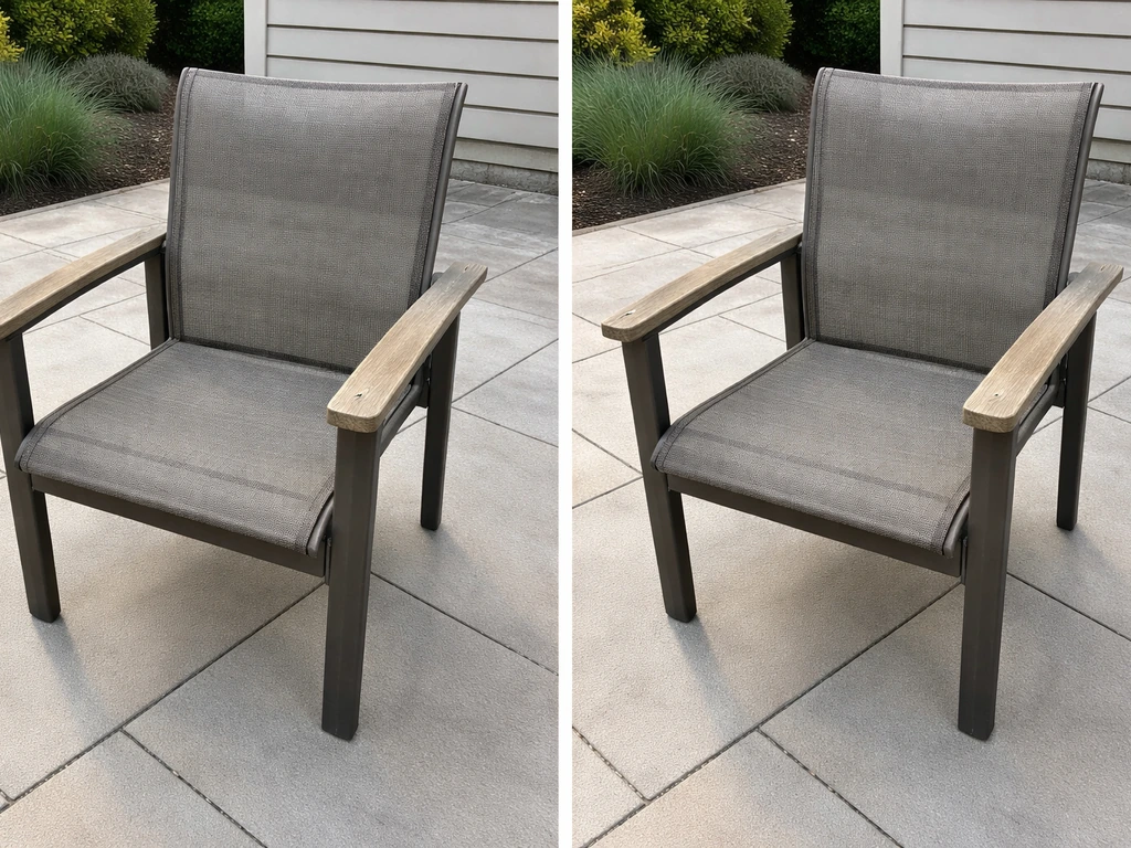 Side-by-side patio furniture views: one with a single repaired slat, the other with a clearly replaced damaged piece.