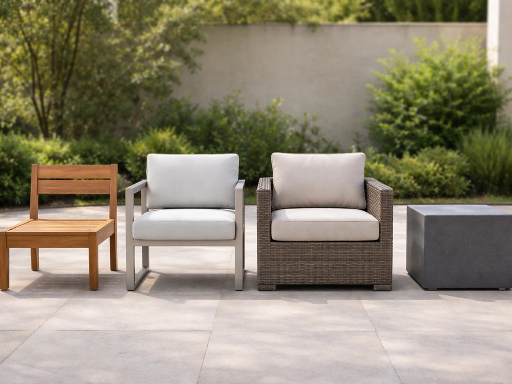 Minimal patio lineup showing teak wood, aluminum/steel, resin wicker, and composite furniture materials.