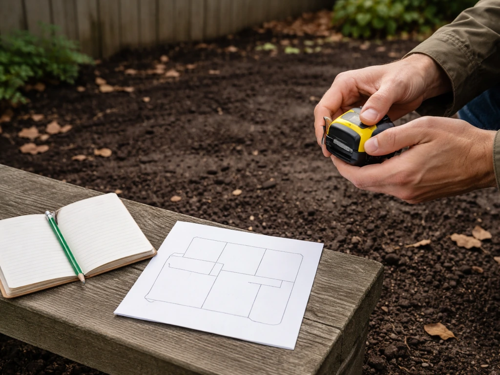 Hands with a small yard-tape measure and notepad beside outdoor soil, showing a simple climate/yard assessment setup.