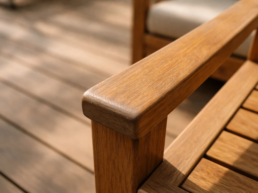 Close-up of teak patio furniture on an outdoor deck, showing wood grain and slight weathering