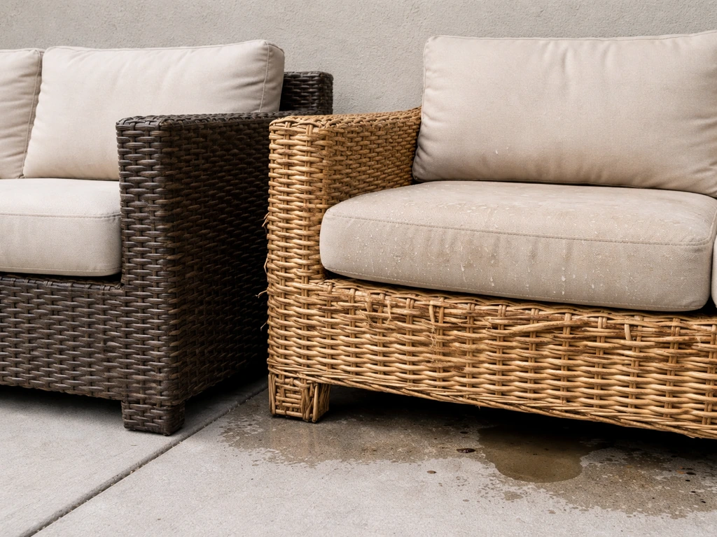 Side-by-side resin wicker and natural rattan cushions showing natural rattan cracking from wet-dry exposure.