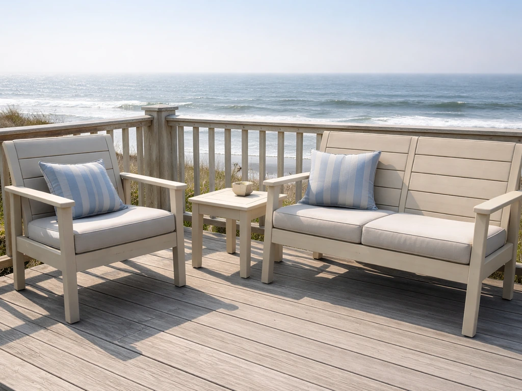 HDPE composite patio furniture on a coastal deck with salt-air cues near the ocean, no rust or metal corrosion.