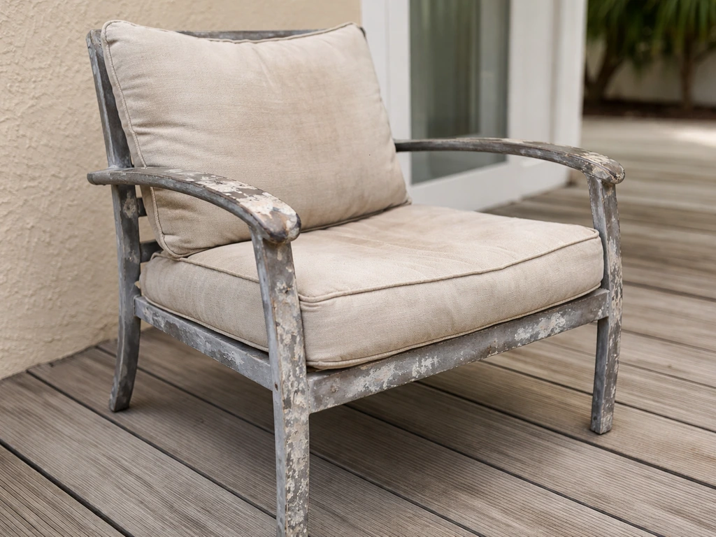 Patio furniture with sun-faded cushions and peeling paint, showing corrosion from humid coastal air