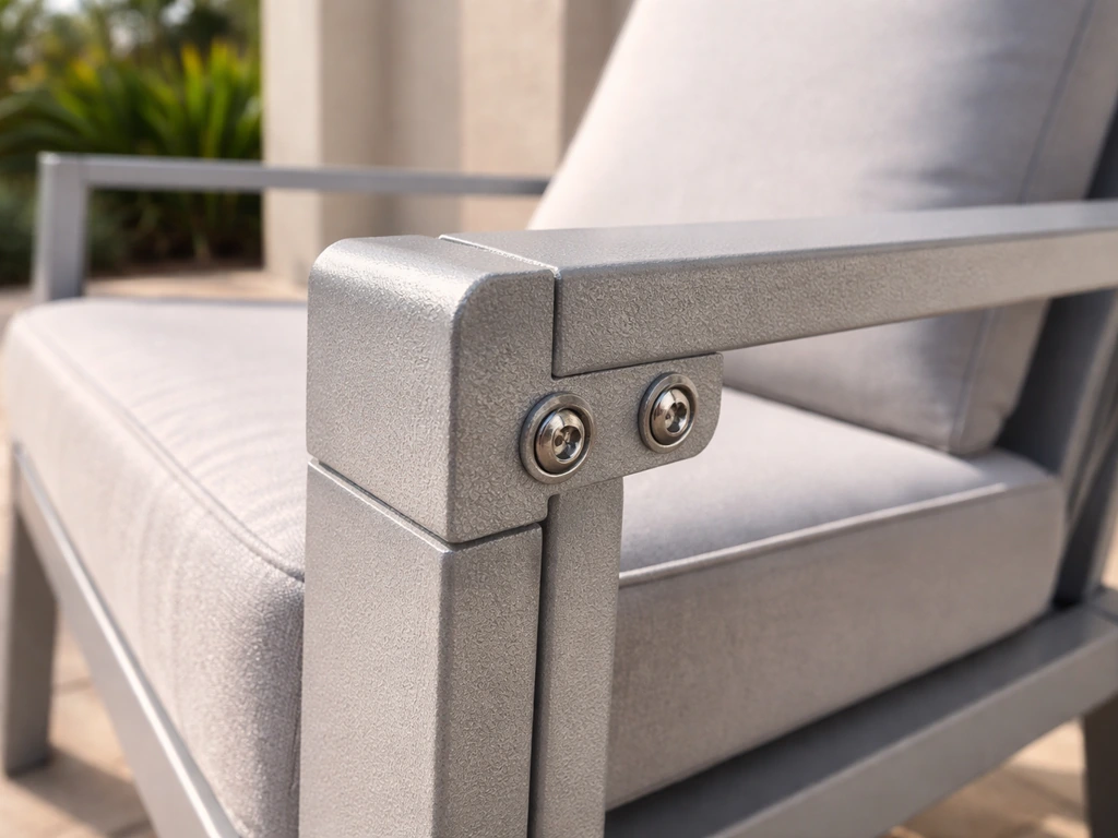 Close-up of powder-coated aluminum patio furniture with smooth finish and rust-free hardware in sunny Florida setting