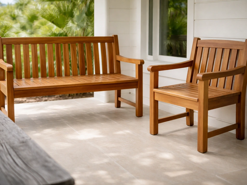 Oil-finished teak patio furniture with rich grain on a sunlit porch, hinting at weather-resistance.