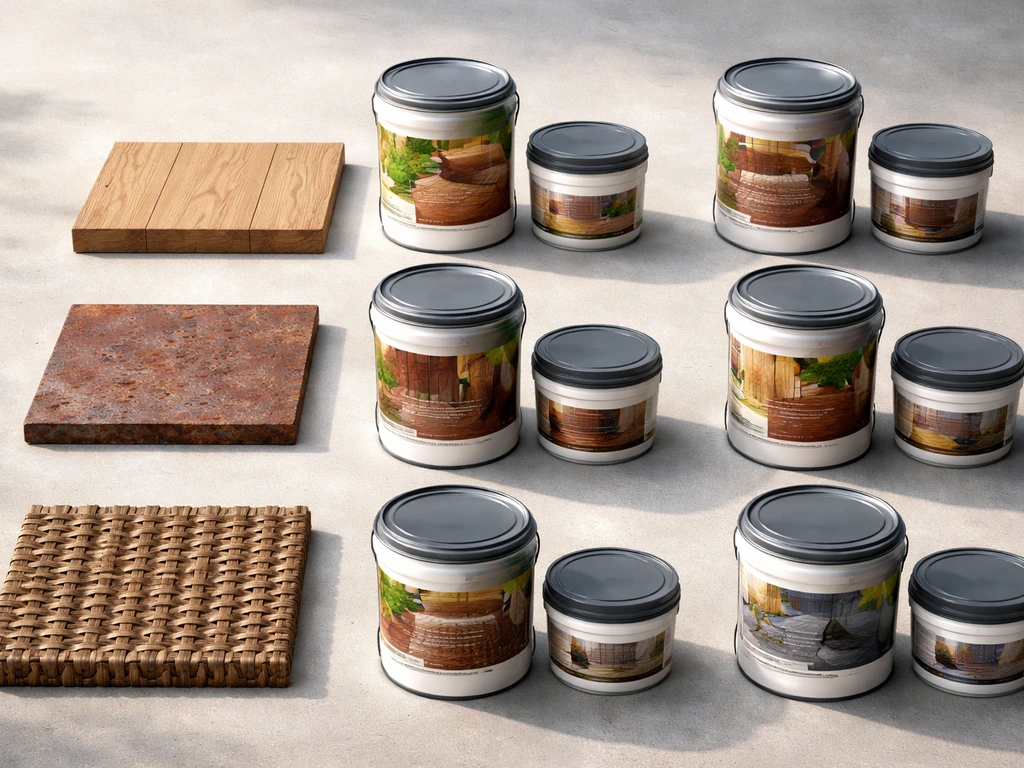 Paint cans and labeled packaging arranged beside patio material samples: wood, rusty metal, wicker, and composite.