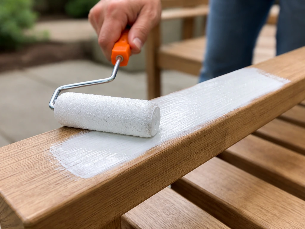 Close-up of acrylic exterior enamel being rolled onto wood patio furniture grain, outdoors in natural light