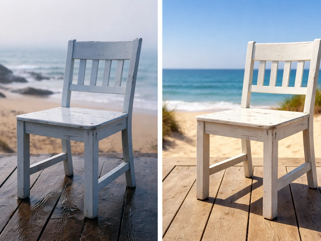 Two outdoor scenes: humid coastal air and intense sunny exposure showing different wear on painted furniture.