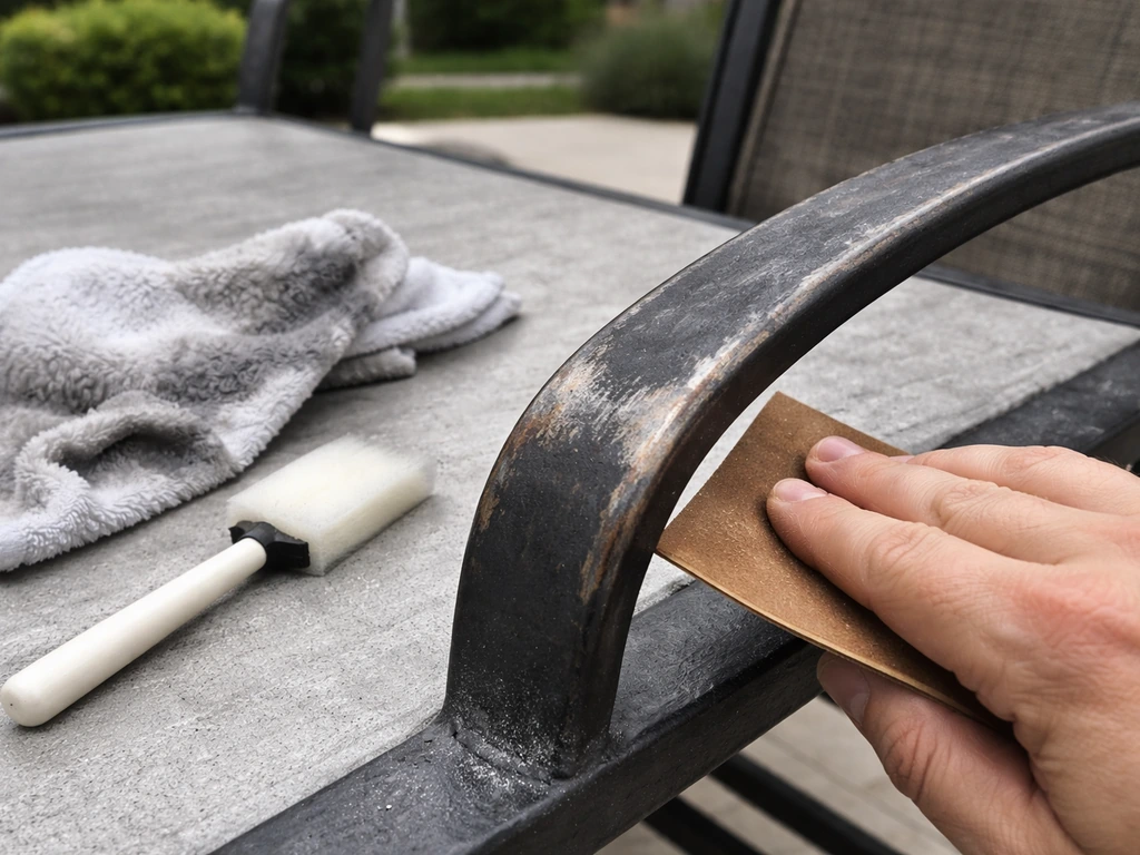 Anonymous hand sanding and wiping a patio metal furniture surface, rinsed and ready for primer