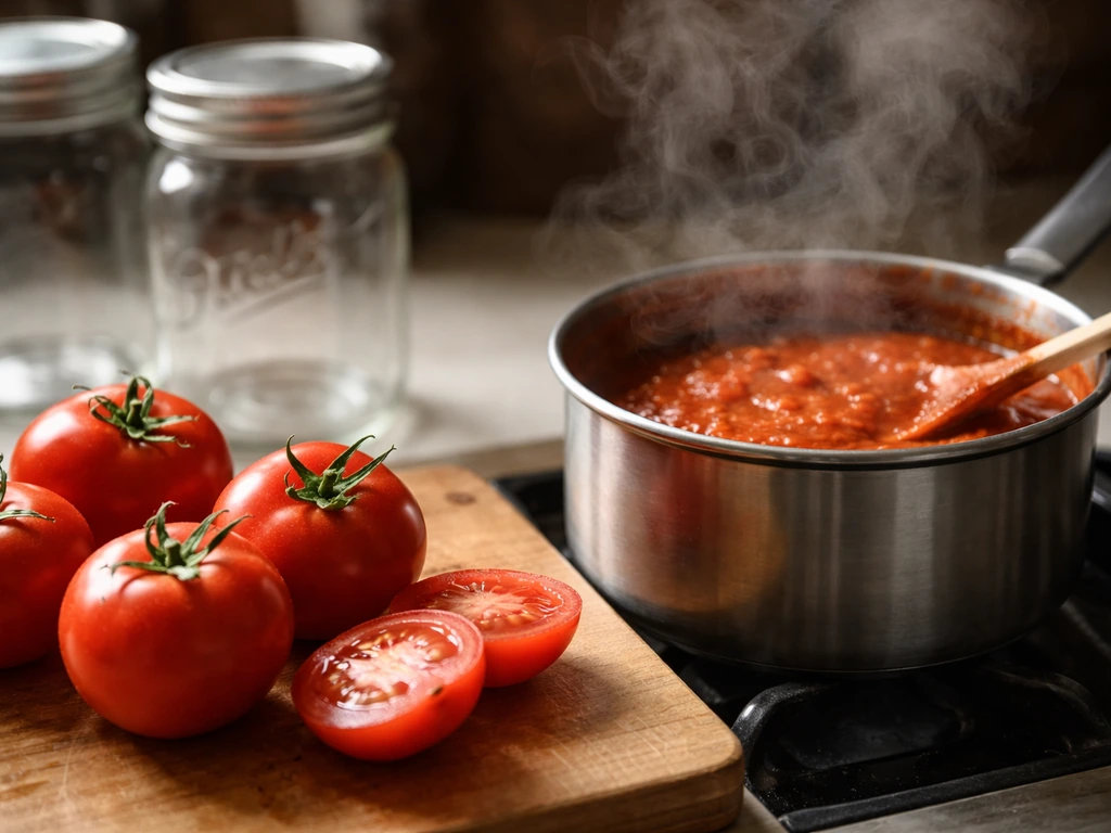 Close-up of tomatoes and simmering tomato sauce with canning jars nearby, no people.