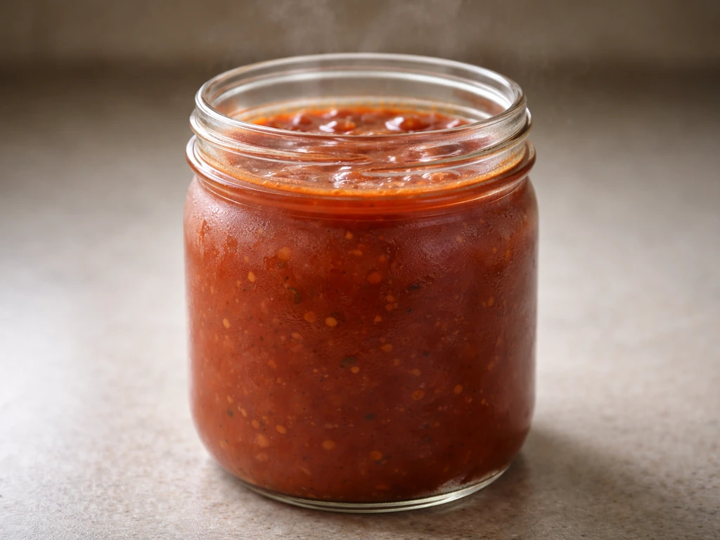 Close-up of a jar of tomato sauce with subtle gas bubbles implying low-oxygen conditions and toxin risk