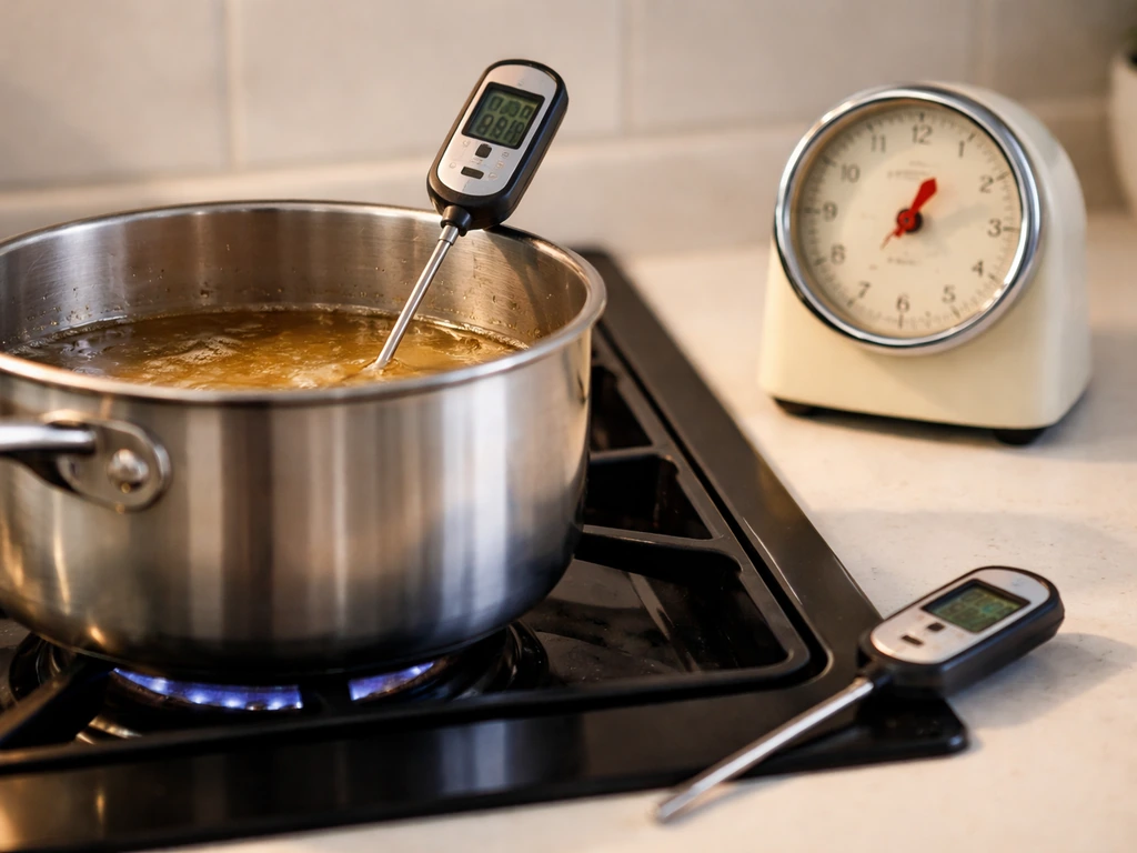 Thermometer probe and analog timer next to a saucepan, showing proper heating versus underheating control.