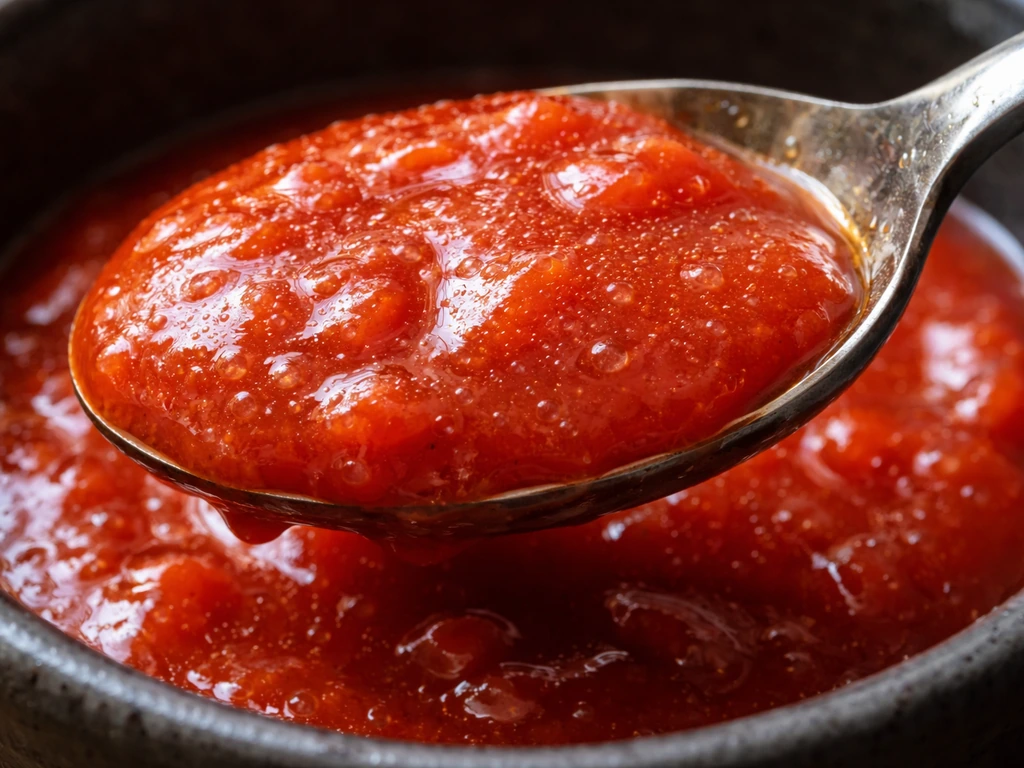 Macro close-up of wet, glossy tomato sauce surface with small moisture droplets.