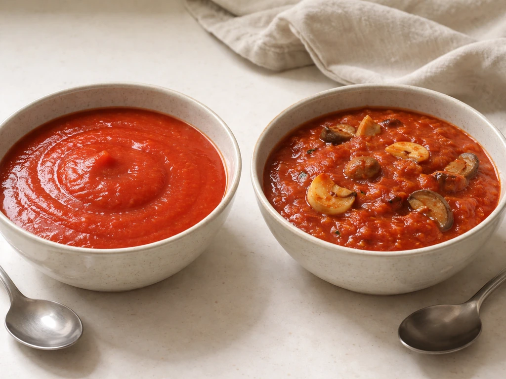 Two prepared bowls of plain tomato sauce and tomato sauce with garlic mushrooms, photographed side by side