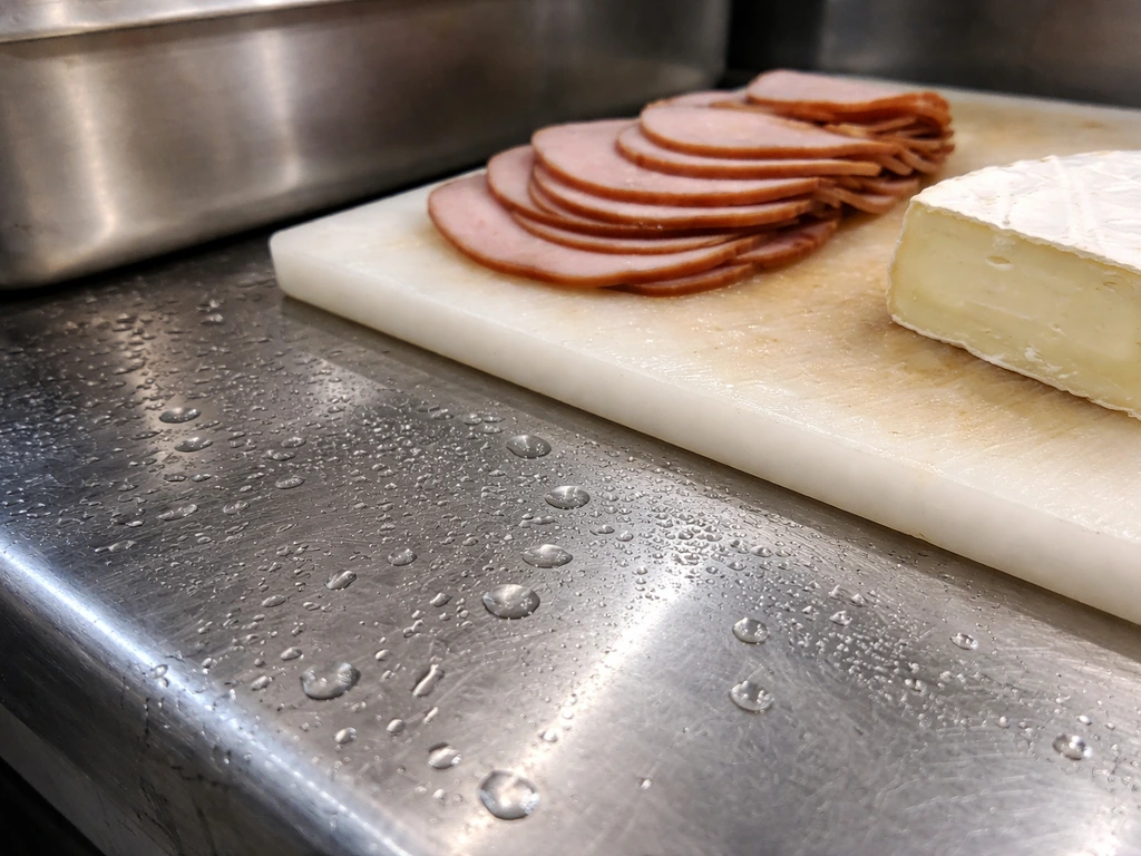 Close-up of raw surfaces and wet deli-style cutting board texture with subtle moisture, suggesting listeria contaminatio
