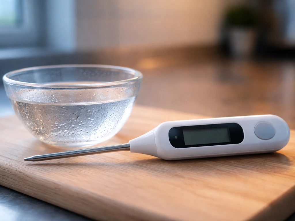 Close-up thermometer on a cutting board with cool-to-warm lighting suggesting Listeria growth temperature range.
