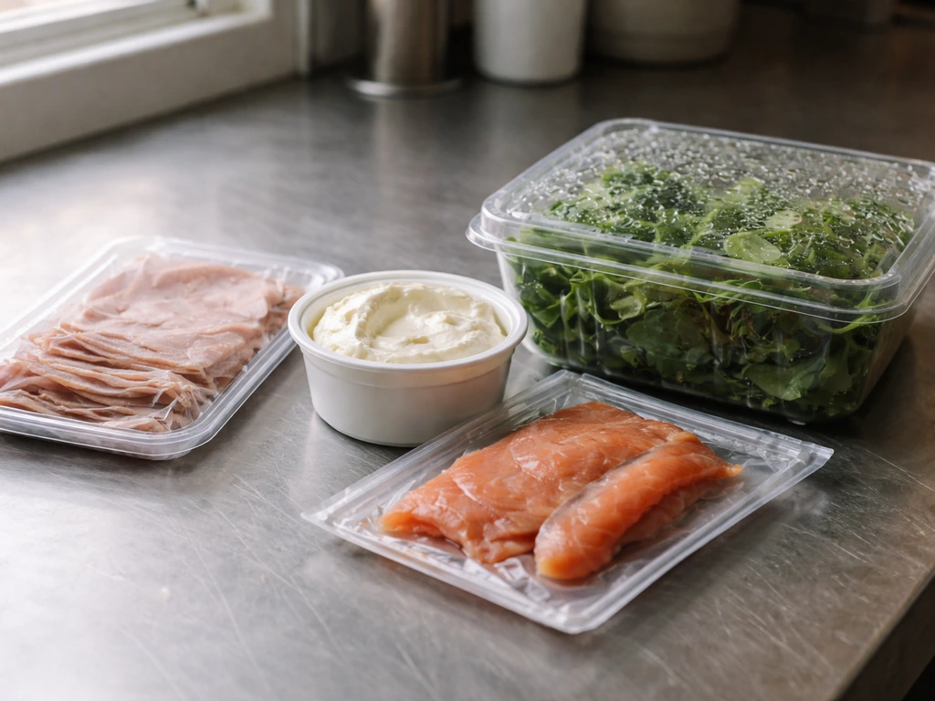 Close-up of refrigerated deli meat, soft cheese, smoked seafood, and pre-cut produce on a metal counter.