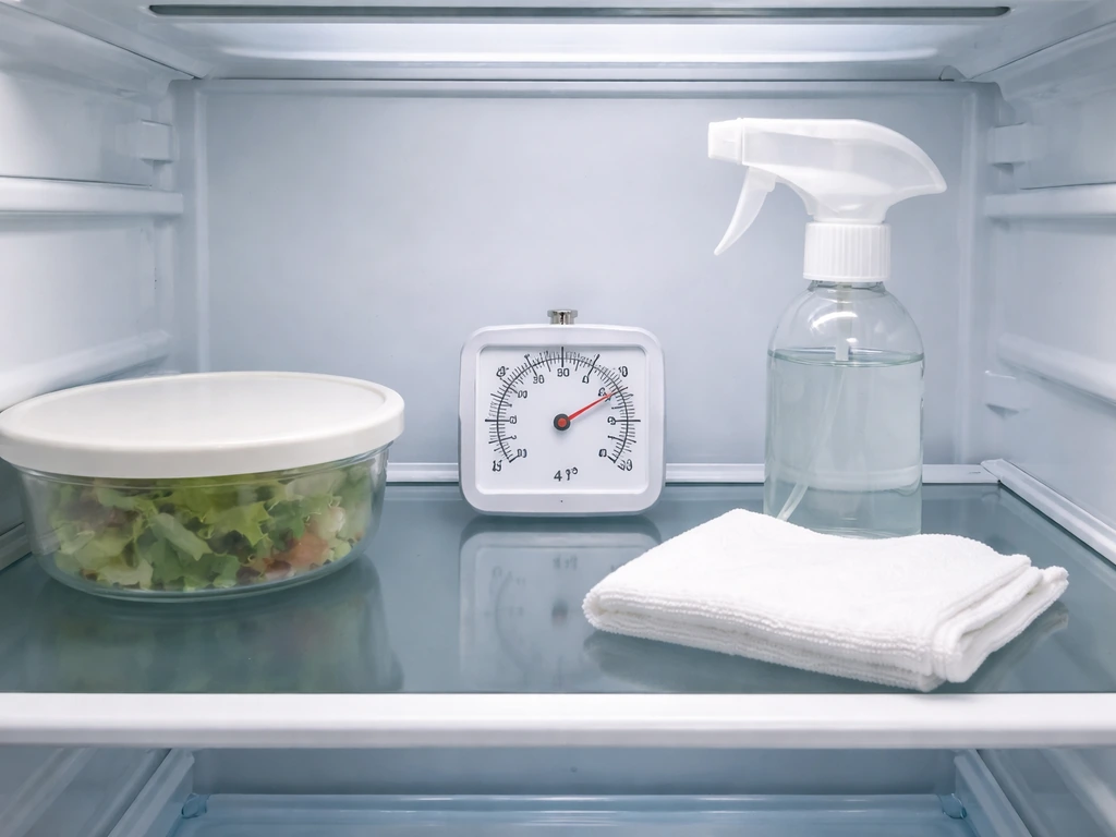 Standalone fridge thermometer near 4°C with cleaning cloth and sanitizer beside cold food storage.