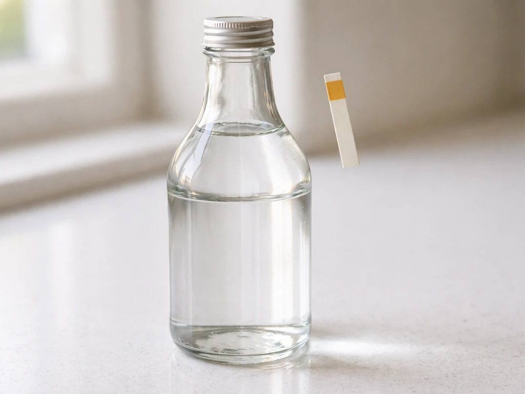 Close-up of a glass bottle of white vinegar with an acidity pH test strip beside it on a clean surface.