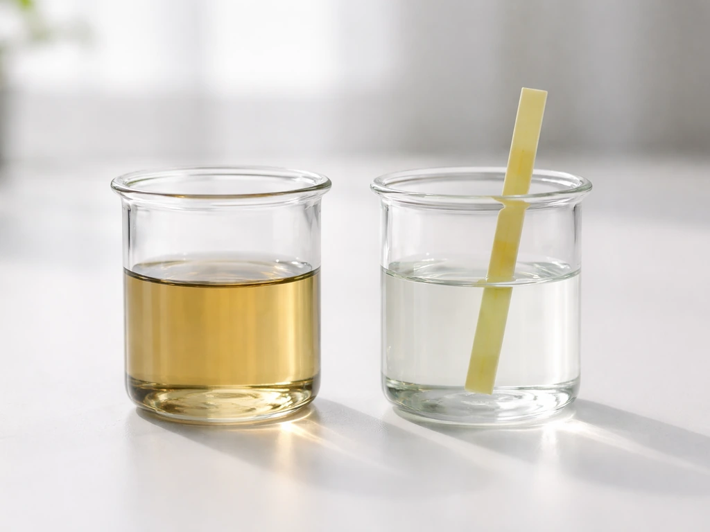 Two glasses of vinegar, clear vs slightly diluted, with a pH strip indicating higher pH for the diluted sample