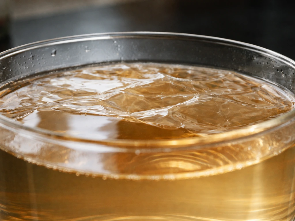 Close-up of rice vinegar in a shallow dish with a thin biofilm pellicle floating at the surface.