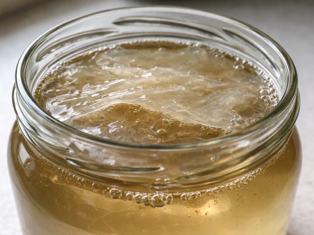 Macro of translucent gelatinous strands floating in vinegar inside a clear glass jar.